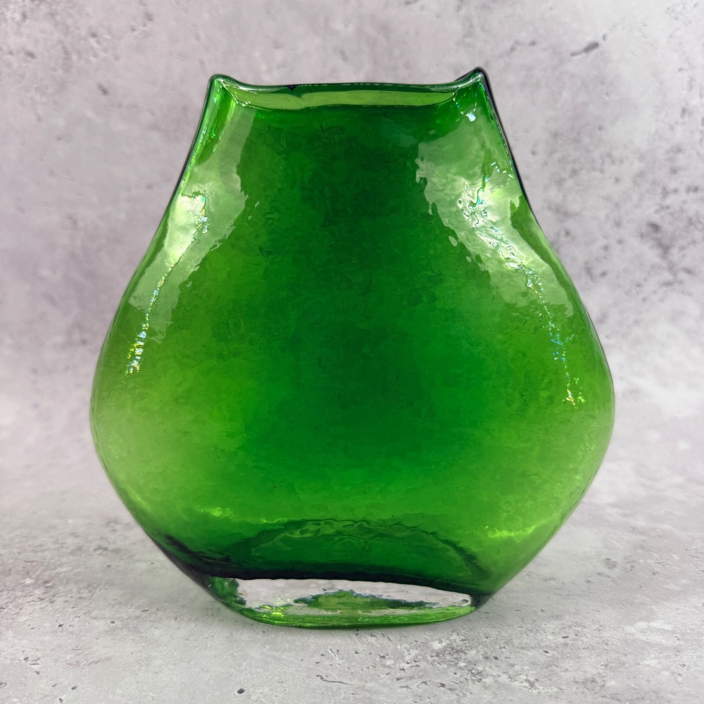Mid Century Green Glass Pillow‎ Vase Large Textured Hand Blown MCM